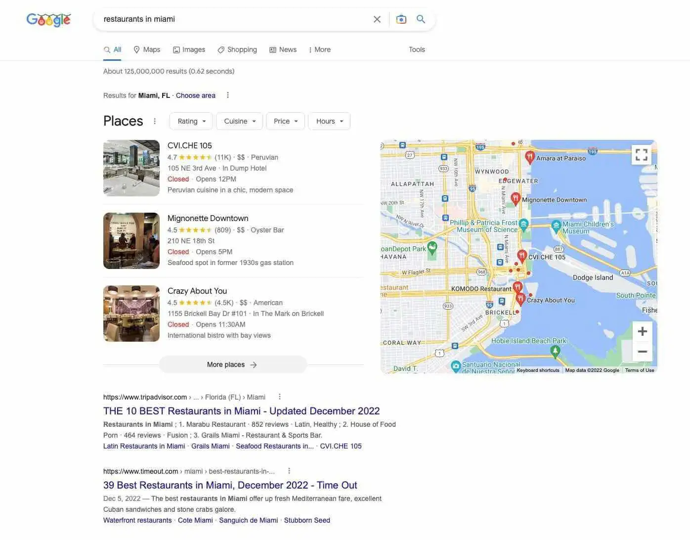 google search for restaurants in Miami