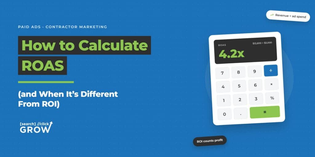 Blue and green graphic titled "How to Calculate ROAS (and When It's Different From ROI)" under a Paid Ads and Contractor Marketing category label.